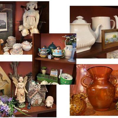 Beautiful Decoratives on built in shelving in dining room