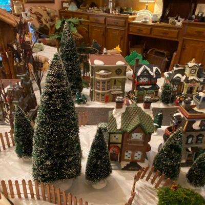 Christmas Village and houses with tons of trees, fences, a Church and more