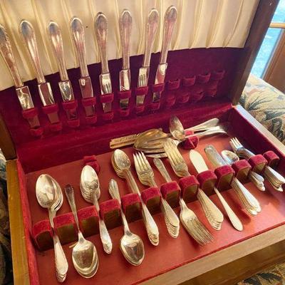 Silverware box full of flatware by Holmes & Edwards, 8 place settings