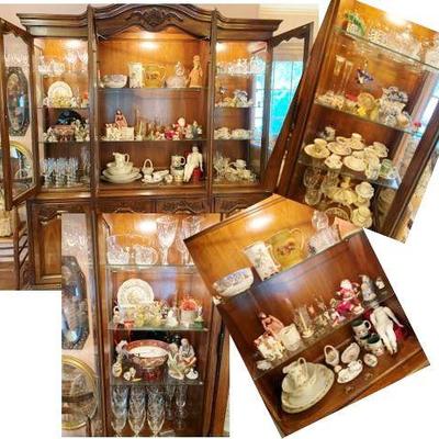 China Cabinet packed with crystal from brilliant to cut to etched glass, bunnies, tea cups from around the world