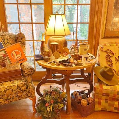 Round Wooden Table and Fabric Chairs, Beaver Hat by Resistol and Bollman