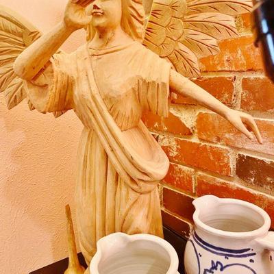 Antique Hand Carved Wooden Angel, Decorative Pitchers