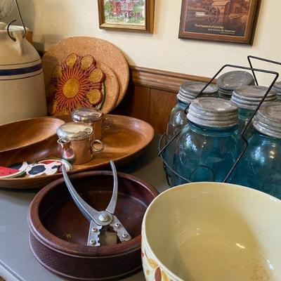 Antique Ball Canning Jars with Wire Basket and Mid Century teakwood Serving Tray by Kraftware