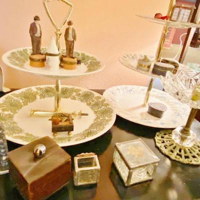 Vintage Christmas Tiered serving plates with assorted pill boxes on top