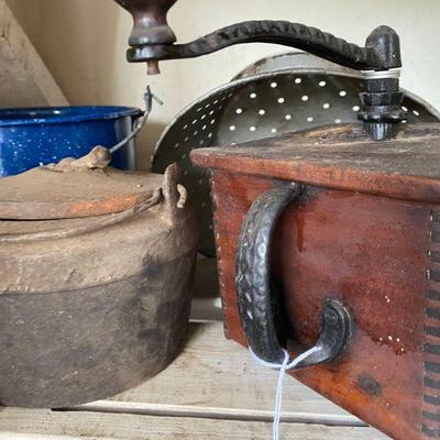 Antique Coffee Grinder and Cast Iron Pot
