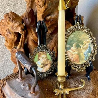 Brass Dragonfly Candle Holder, (2) Action Italy Metal Convex Glass Filigree Frames, Old No. 9 Sad Iron