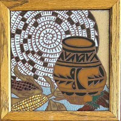 Signed Jennifer Roche Santa Fe Hand Painted 9.5" Oak Framed Tile