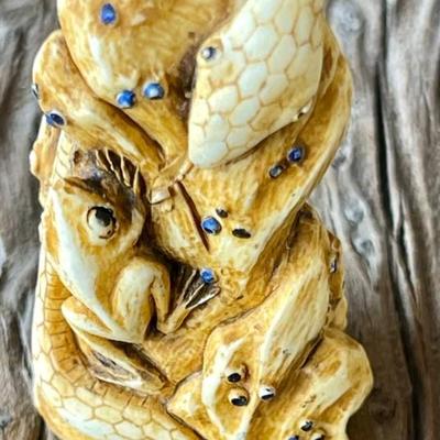 Snake And Frogs Netsuke Resin Signed Figurine