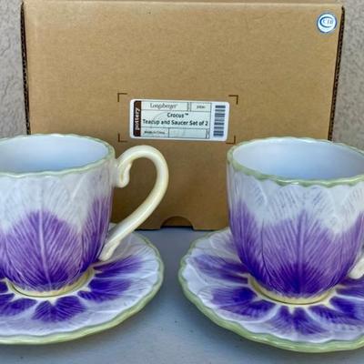 Pair Of Longaberger Crocus Tea Cups And Saucers IOB