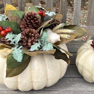 Pair Of Faux White Decorative Pumpkins With Greenery