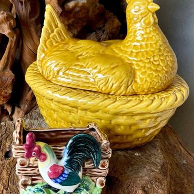 1960's Ceramic Hen On Nest Covered Dish And An Occupied Japan Rooster Planter
