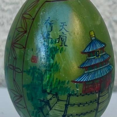 Vintage Hand Carved And Painted Japanese Jadeite Egg With Stand