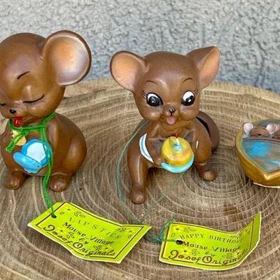 (3) Vintage Josef Originals Mouse Village Figurines - Happy Birthday, Lipstick, And More