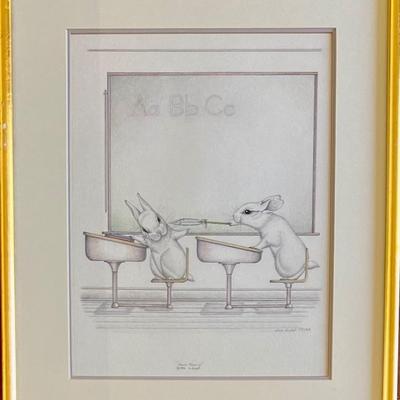 Sue B. Rupp Signed Limited Edition Print " Hare Teasing" 1986 53 Of 650 In Gold Tone Frame