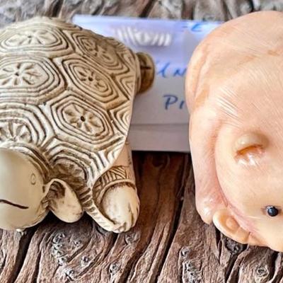 (2) Netsuke Resin Figurines - Turtleman And Bear (As Is)