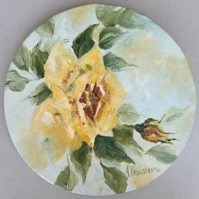 Original Arlene Krogstad Round Oil On Canvas Yellow Rose Signed For Audrey 1980