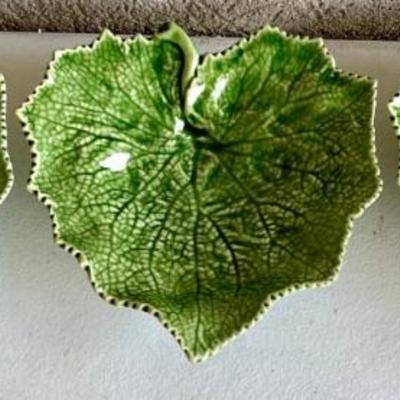 (3) Green Bordallo Pinheiro Leaf Footed Dishes - (2) As Is