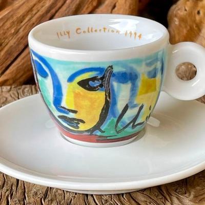 1994 Illy Collection Sandro Chia Espresso Cup And Saucer Signed No. B10 Italian Faces