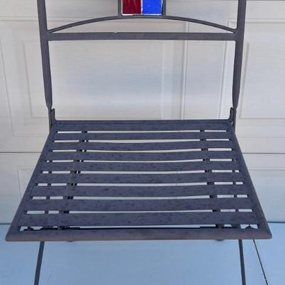 Outdoor Metal Folding Chair With Red And Blue Tile Back (as Is)