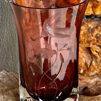 Purple Etched Amethyst Glass Bombay Made In Poland Art Glass Vase