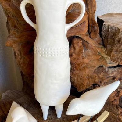 West Elm White Pottery 3 Footed Vase, West Elm Rocking Bird, And White Ceramic Dove