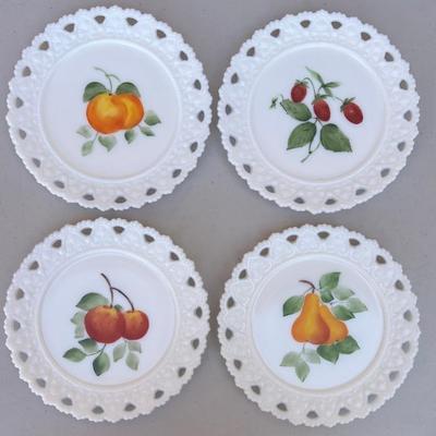 (4) Vintage Kemple Fruit Motif Milk Glass Hand Painted Plates