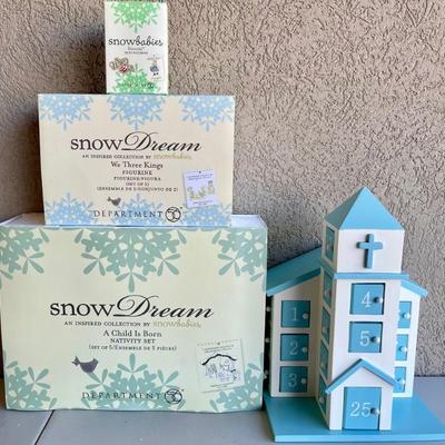 (3) Retired Department 56 Snowbabies - Wood Advent Calendar Church, Child Is Born, Dorothy, And More