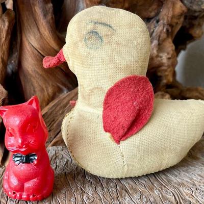 Vintage Celluloid Red Cat Candy Container And A Folk Art Cloth Duck