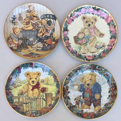 (4) Franklin Mint Limited Edition Teddy Decorative Plates - Sewing Circle, Winter Fun, Harvest