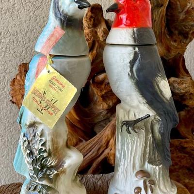 Pair Of Jim Beam 1969 Hand Crafted Blue Jay And Red Head Wood Pecker Decanters