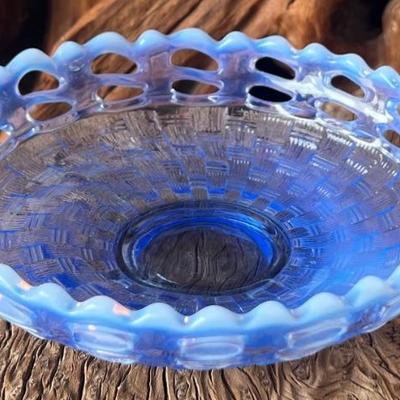 Vintage Fenton Opalescent Blue Basketweave Open Lace Edge 6.5 Inch Footed Bowl 
