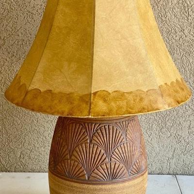 Hand Made Pottery Lamp With Tan Leather Shade Works