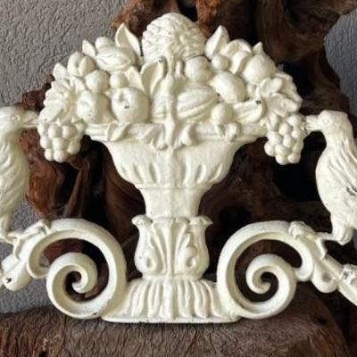 Vintage Heavy Cast Iron 30.5" Bird And Fruit Motif Garden Wall Plaque
