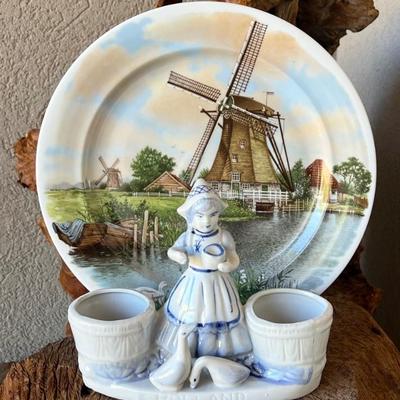 Royal Schwabap Holland Decorative 12" Plate With Bloom-rite Porcelain Dutch Girl Double Table Planter