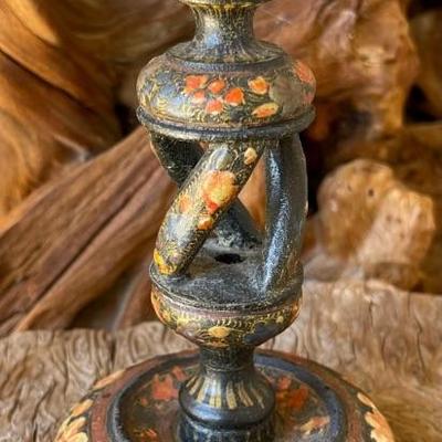 Antique Kashmiri Candlestick Hand Painted