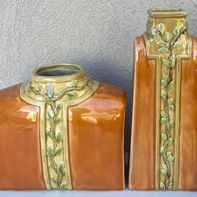 Pair Of Vintage Orange Glaze Leaf Pattern Vases