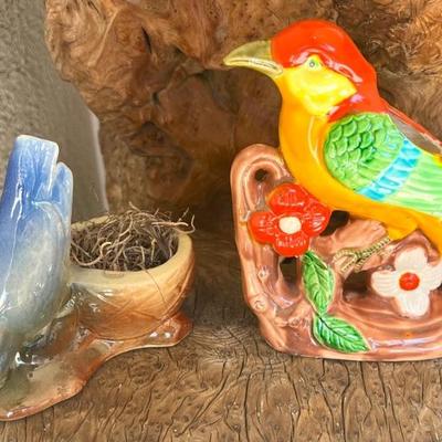 Vintage Ceramic Colorful Tropical Bird Vase With Songbird Nest Planter