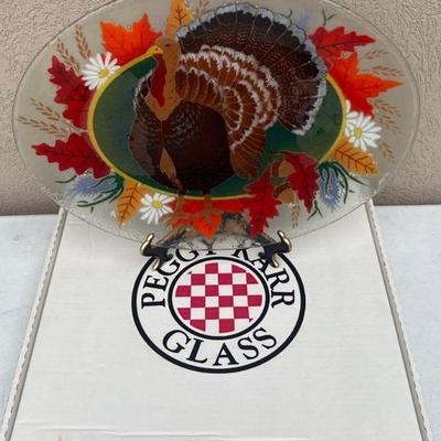 Peggy Karr Art Glass 18" Oval Turkey Platter Signed With Original Box Food Safe