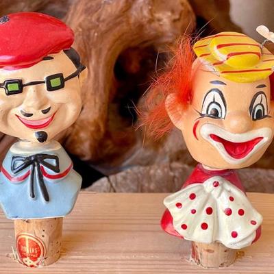 Pair Of Rubens Original Bobble Head Bottle Stopper - Beatnik And Clown With Labels