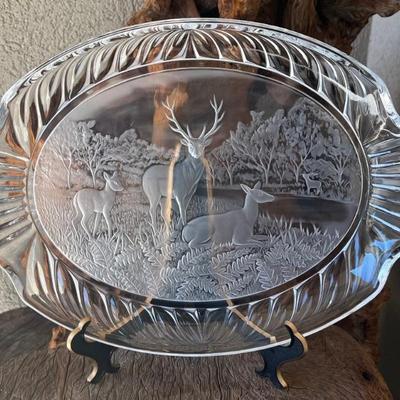 Vintage Cristol D'arques Stag 14.25" Oval Crystal Platter