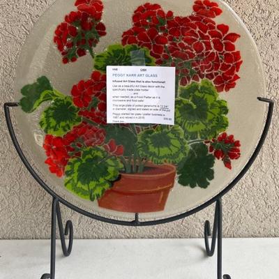 Peggy Karr Signed Art Glass 13.75" Platter With Metal Stand
