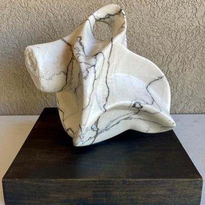 Abstract White And Black Alabaster Sculpture On Wood Stand (as Is)