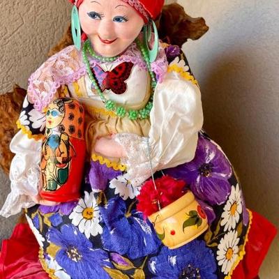40's Hand Made Painted Cloth Face Russian Babushka Tea Cozy With Nesting Doll 