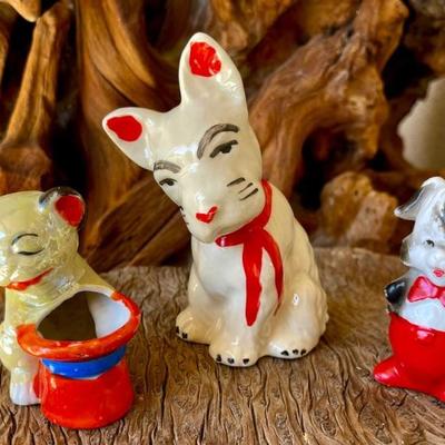 Vintage Lusterware Winking Dog Toothpick Holder, (2) Japan Dogs