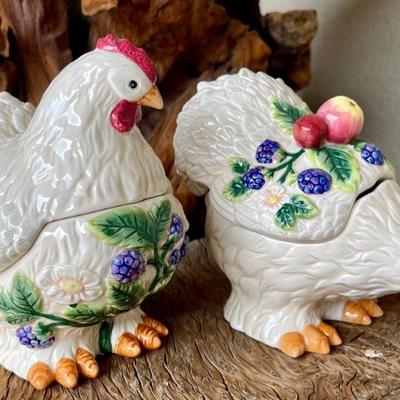 Pair Of Fitz And Floyd Rooster Condiment Covered Bowls French Orchard, No Spoons