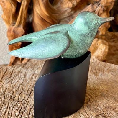 Metal Verde Tone Bird Figurine On Ebony Wood Block - (francois Xavier Lanne Style Figurine)