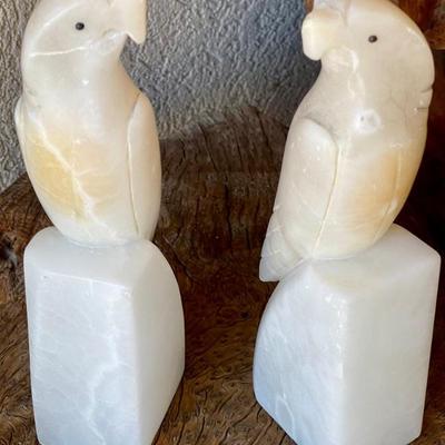 Pair Of Vintage Italian Alabaster Marble Carved Bird Bookends With Original Tag