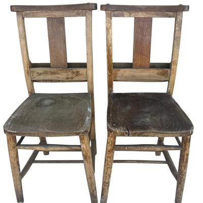 Antique Pair Of Imported Chapel - School House Hand Made Oak Chairs - Great Britain 