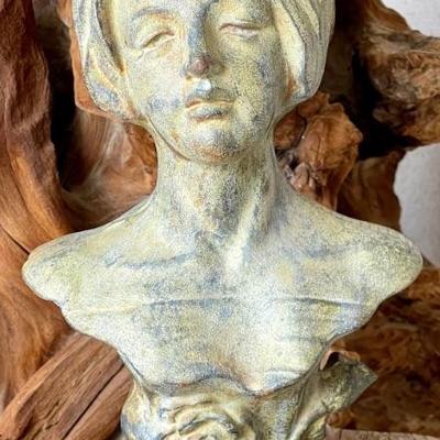 Art Nouveau Nymphaea Bust Sculpture Cast Iron With Leaf Crown And Rose Bust 