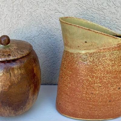 Hand Thrown Pottery Acorn Jar With Lid & Signed Pottery Pitcher
